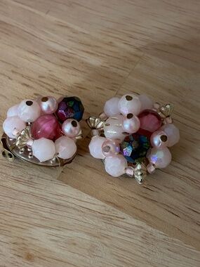 Vintage Pink Cluster Bead Clip-On Earrings West Germany